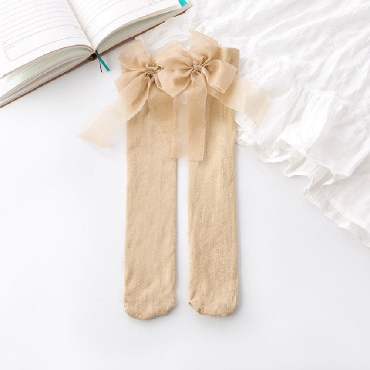 Children Combed Cotton Bow Bright Silk High Knee Socks, Size:One Size