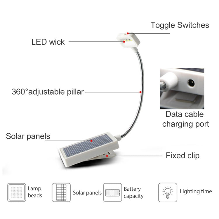 N600 Solar Powered LED Clip Book Lamp Multifunctional Student Desk Lamp