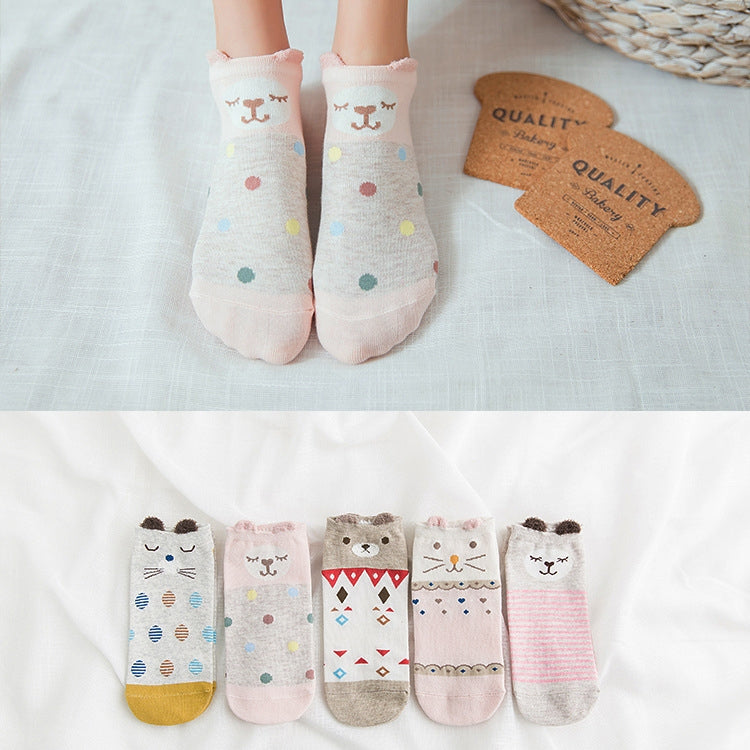 5 Pairs Women Casual Animal Ear Pattern Socks Short Cotton Cute Cat Ankle Socks