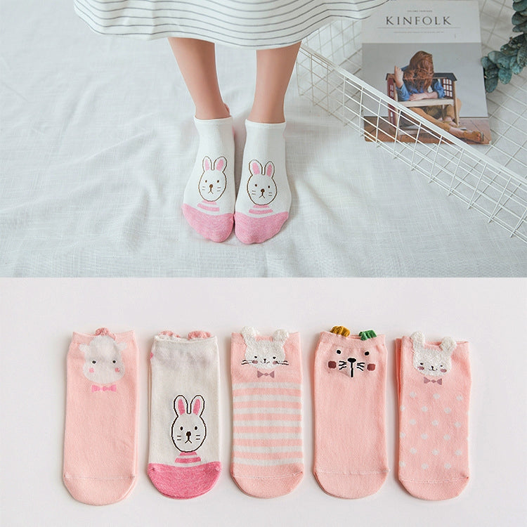 5 Pairs Women Casual Animal Ear Pattern Socks Short Cotton Cute Cat Ankle Socks