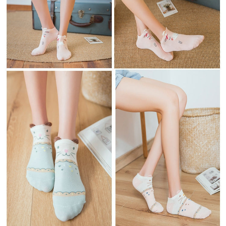 5 Pairs Women Casual Animal Ear Pattern Socks Short Cotton Cute Cat Ankle Socks