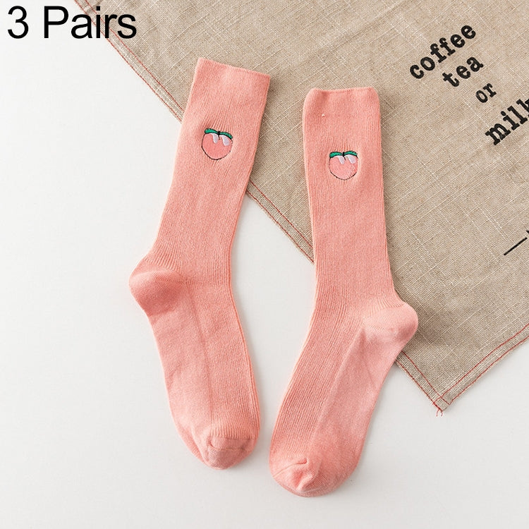3 Pairs Plain Color Fruit Embroidery Pattern High Tube Women Socks