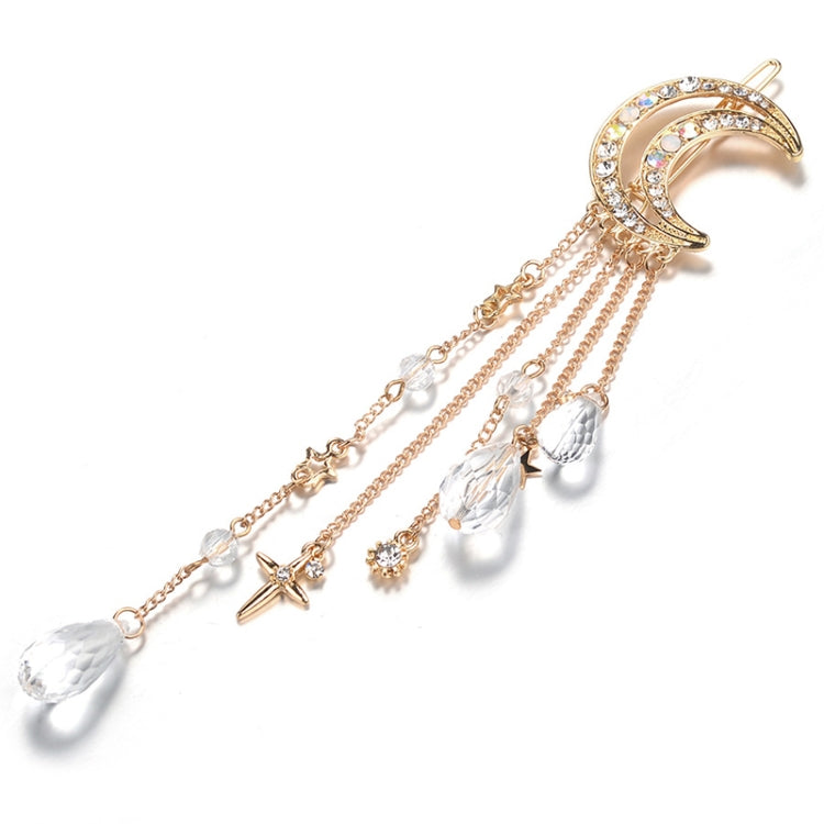 Fashion Elegant Women Lady Moon Rhinestone Crystal Tassel Long Chain Beads Dangle Hairpin Hair Clip Hair Jewelry