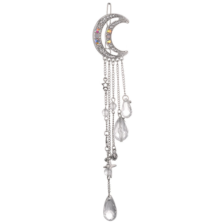Fashion Elegant Women Lady Moon Rhinestone Crystal Tassel Long Chain Beads Dangle Hairpin Hair Clip Hair Jewelry