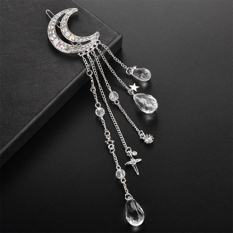 Fashion Elegant Women Lady Moon Rhinestone Crystal Tassel Long Chain Beads Dangle Hairpin Hair Clip Hair Jewelry