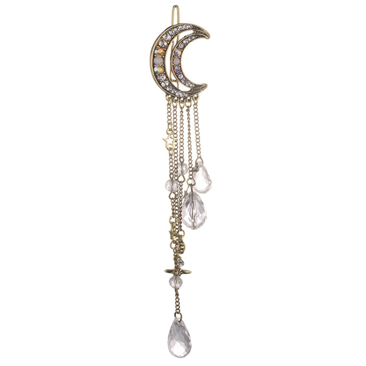 Fashion Elegant Women Lady Moon Rhinestone Crystal Tassel Long Chain Beads Dangle Hairpin Hair Clip Hair Jewelry