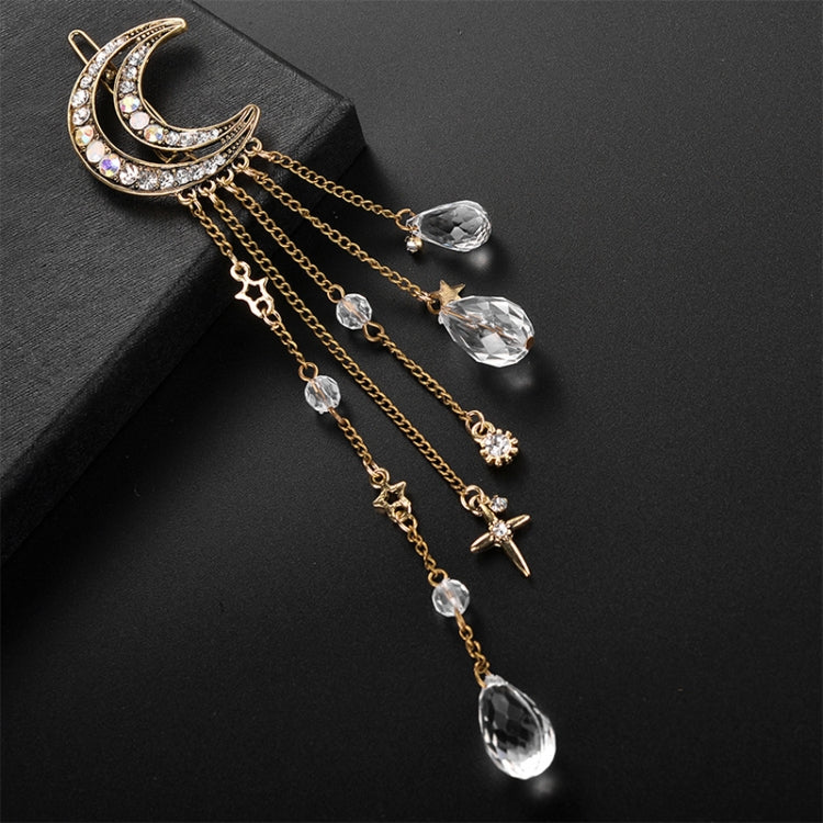 Fashion Elegant Women Lady Moon Rhinestone Crystal Tassel Long Chain Beads Dangle Hairpin Hair Clip Hair Jewelry