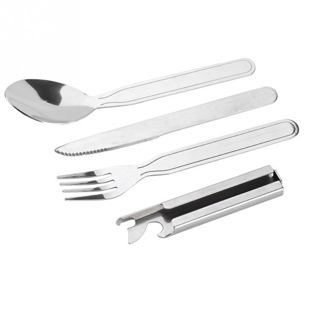 4 PCS/Set Portable Tableware Outdoor Picnic Utensils Set Stainless Steel Spoon Fork Knife Dinnerware Camping Cooking(Silver)
