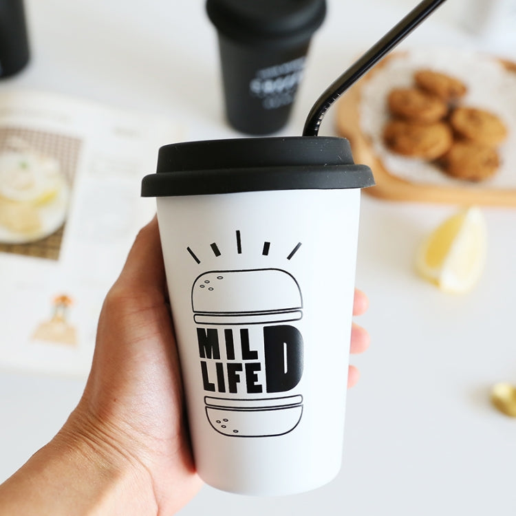 Black White Stainless Steel Silicone Mugs Hand Cup With Straw Lid Cup Sleeve Tea Milk Cups Home Office School Gift, Capacity:301-400ml