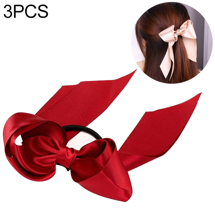3PCS Women Rubber Bands Tiara Satin Ribbon Bow Hair Band Rope Scrunchie Ponytail Holder