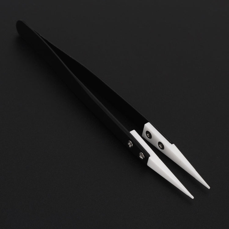 Anti-acid Heat Resistance Ceramic Tipped Tweezer Fine Small Flat White Head with Black Handle, Size:130 x 10mm