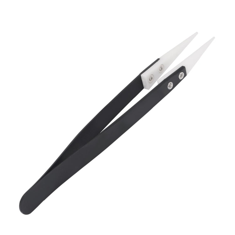 Anti-acid Heat Resistance Ceramic Tipped Tweezer Fine Small Flat White Head with Black Handle, Size:130 x 10mm