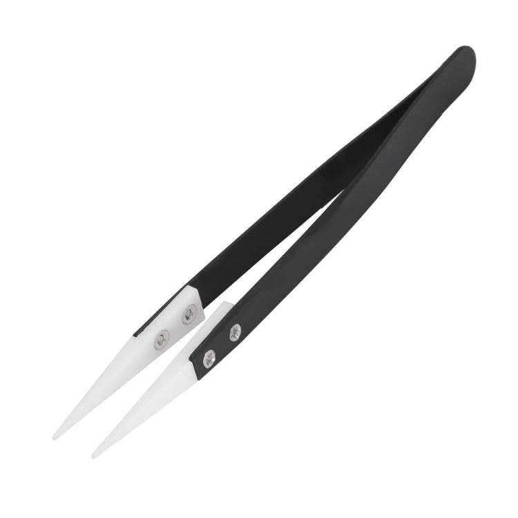 Anti-acid Heat Resistance Ceramic Tipped Tweezer Fine Small Flat White Head with Black Handle, Size:130 x 10mm