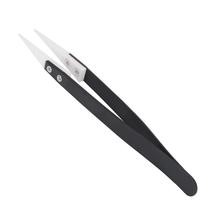Anti-acid Heat Resistance Ceramic Tipped Tweezer Fine Small Flat White Head with Black Handle, Size:130 x 10mm