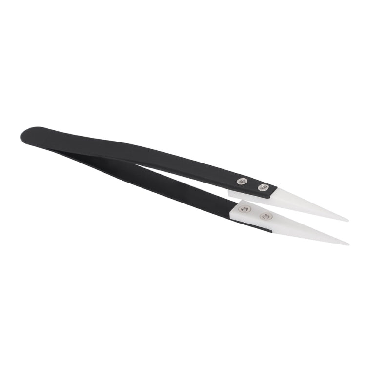 Anti-acid Heat Resistance Ceramic Tipped Tweezer Fine Small Flat White Head with Black Handle, Size:130 x 10mm
