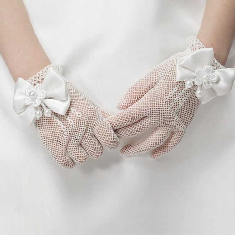 Girls Kids Lace Faux Pearl Fishnet Gloves Communion Flower Girl Wedding Ceremony Accessories One Size(White)