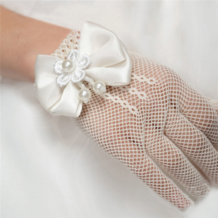 Girls Kids Lace Faux Pearl Fishnet Gloves Communion Flower Girl Wedding Ceremony Accessories One Size(White)