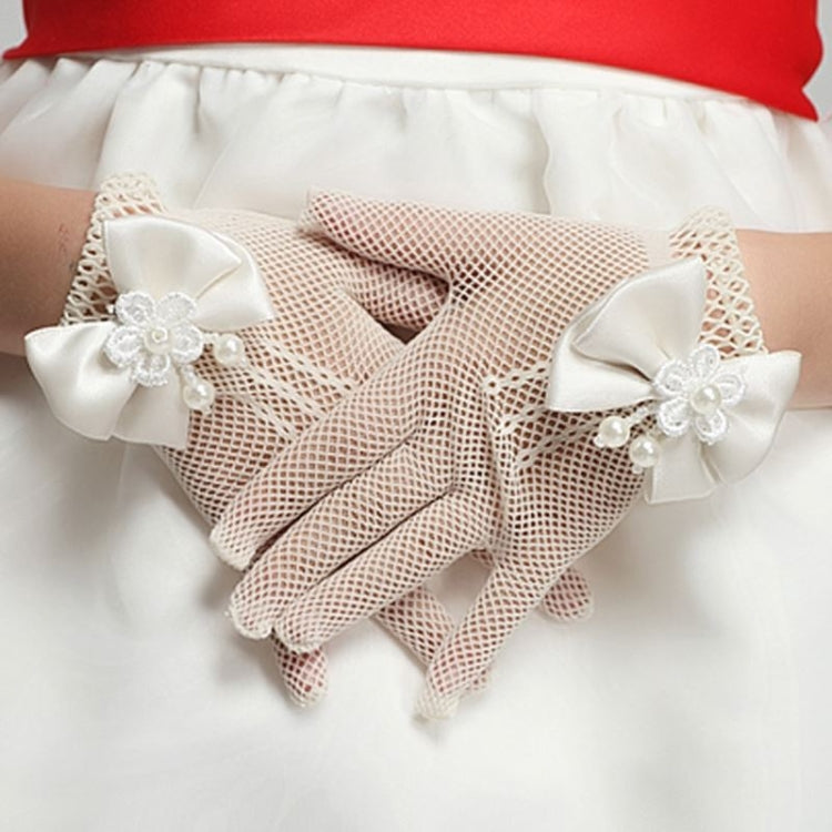 Girls Kids Lace Faux Pearl Fishnet Gloves Communion Flower Girl Wedding Ceremony Accessories One Size(White)