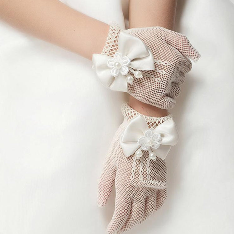 Girls Kids Lace Faux Pearl Fishnet Gloves Communion Flower Girl Wedding Ceremony Accessories One Size(White)