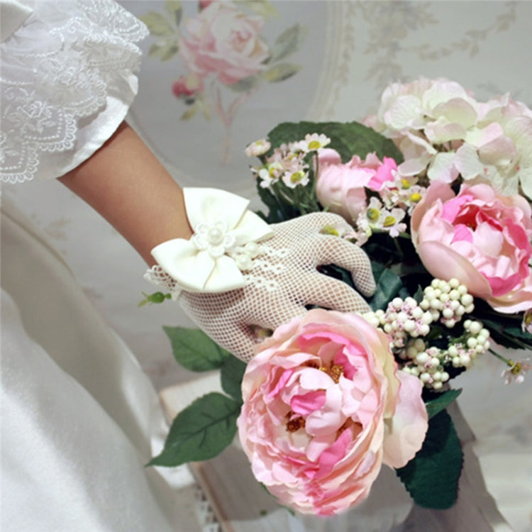 Girls Kids Lace Faux Pearl Fishnet Gloves Communion Flower Girl Wedding Ceremony Accessories One Size(White)