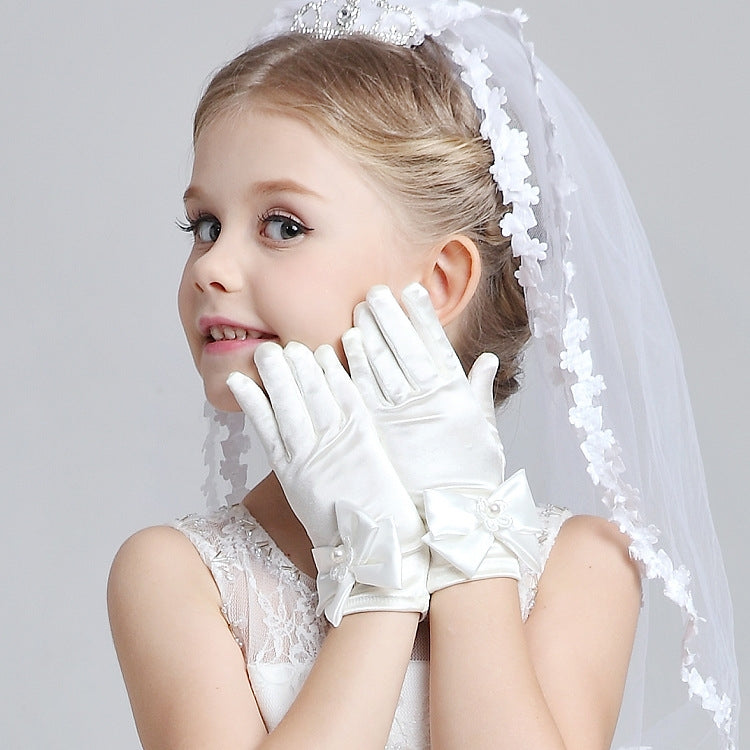 Lovely Girl Etiquette Performance Gloves bowknot Satin Gloves Short Children Princess Dance Glove, Size:M
