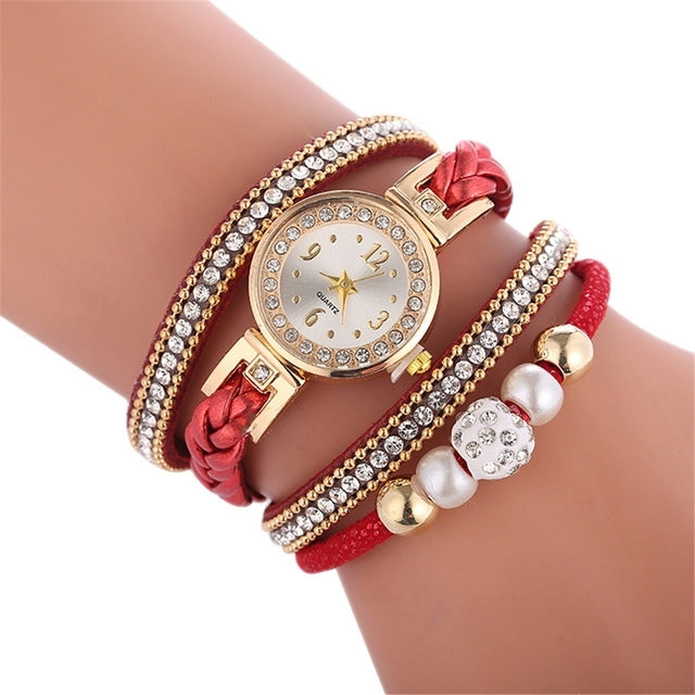 Duoya D249 Woven Twisted Pearls Round Analog Quartz Wrist Bracelet Watch for Ladies