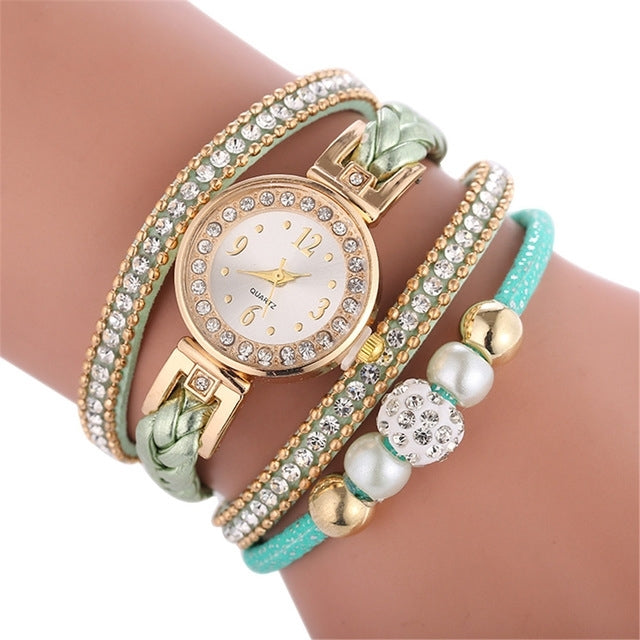 Duoya D249 Woven Twisted Pearls Round Analog Quartz Wrist Bracelet Watch for Ladies