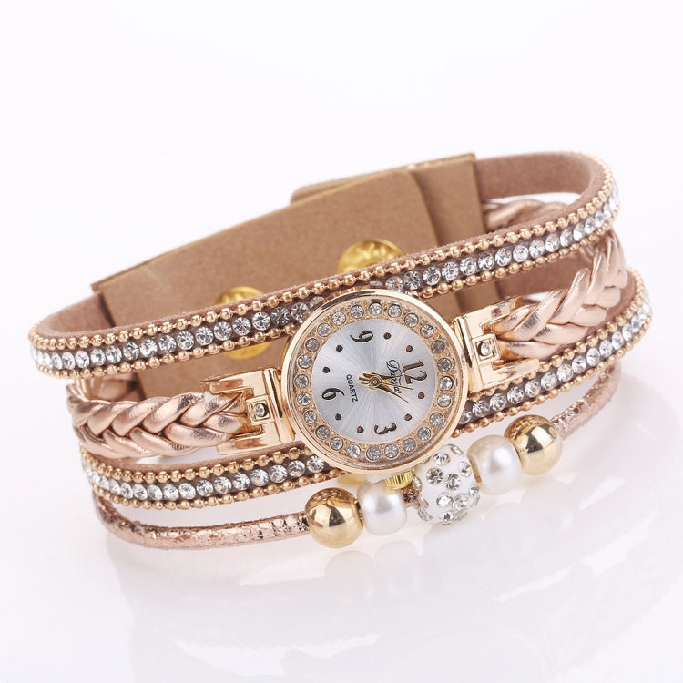 Duoya D249 Woven Twisted Pearls Round Analog Quartz Wrist Bracelet Watch for Ladies
