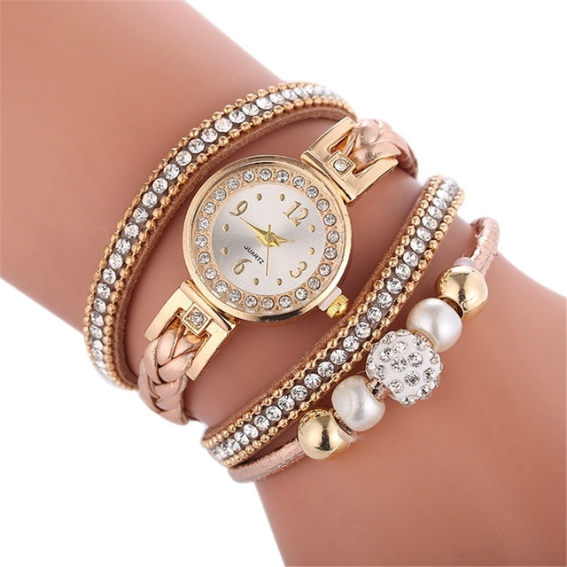 Duoya D249 Woven Twisted Pearls Round Analog Quartz Wrist Bracelet Watch for Ladies