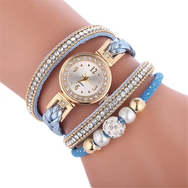 Duoya D249 Woven Twisted Pearls Round Analog Quartz Wrist Bracelet Watch for Ladies