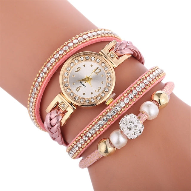 Duoya D249 Woven Twisted Pearls Round Analog Quartz Wrist Bracelet Watch for Ladies