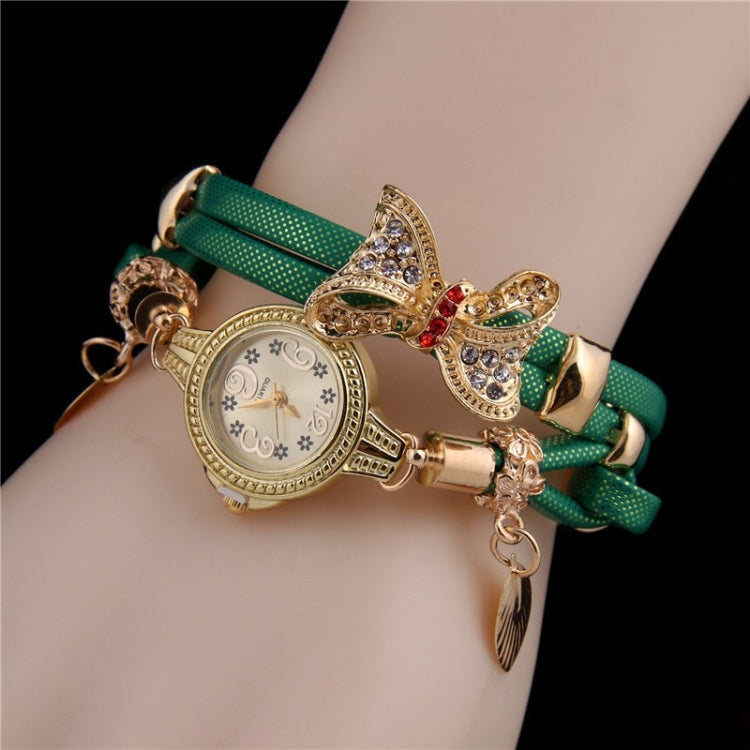 Ladies Bow Leaves Pendant Diamond Bracelet Quartz Watch