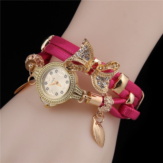 Ladies Bow Leaves Pendant Diamond Bracelet Quartz Watch