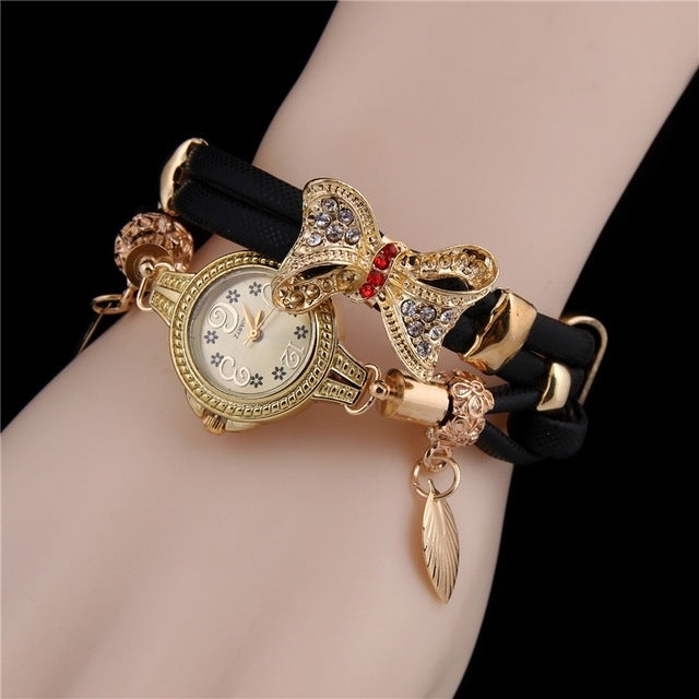 Ladies Bow Leaves Pendant Diamond Bracelet Quartz Watch