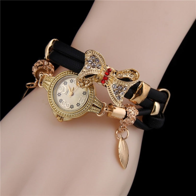 Ladies Bow Leaves Pendant Diamond Bracelet Quartz Watch