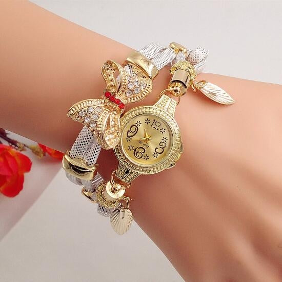 Ladies Bow Leaves Pendant Diamond Bracelet Quartz Watch