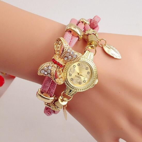 Ladies Bow Leaves Pendant Diamond Bracelet Quartz Watch