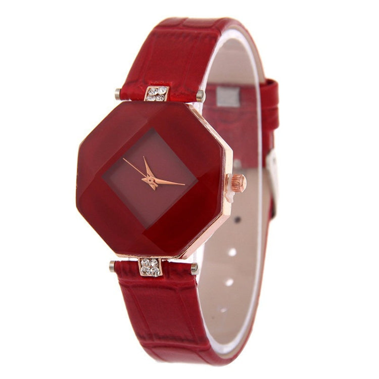 Gem Cut Geometry Crystal Leather Quartz Wristwatch Fashion Watch for Ladies