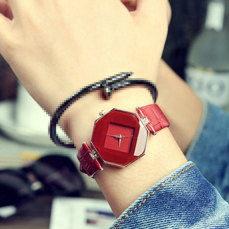 Gem Cut Geometry Crystal Leather Quartz Wristwatch Fashion Watch for Ladies