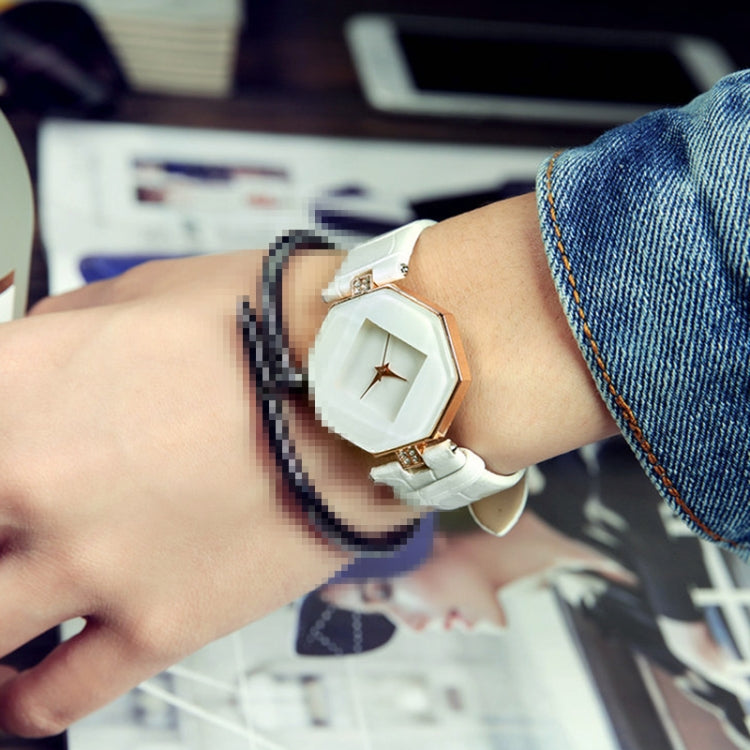 Gem Cut Geometry Crystal Leather Quartz Wristwatch Fashion Watch for Ladies