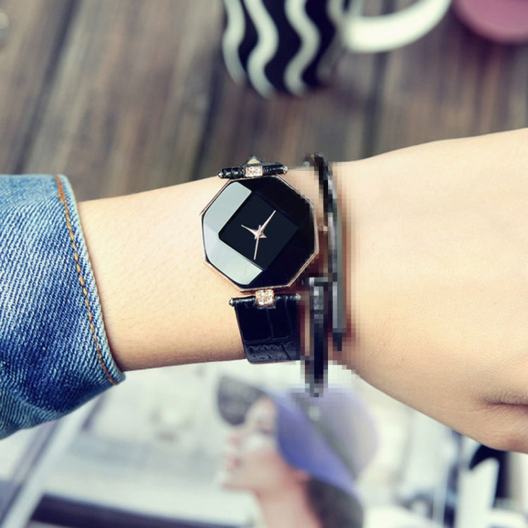 Gem Cut Geometry Crystal Leather Quartz Wristwatch Fashion Watch for Ladies