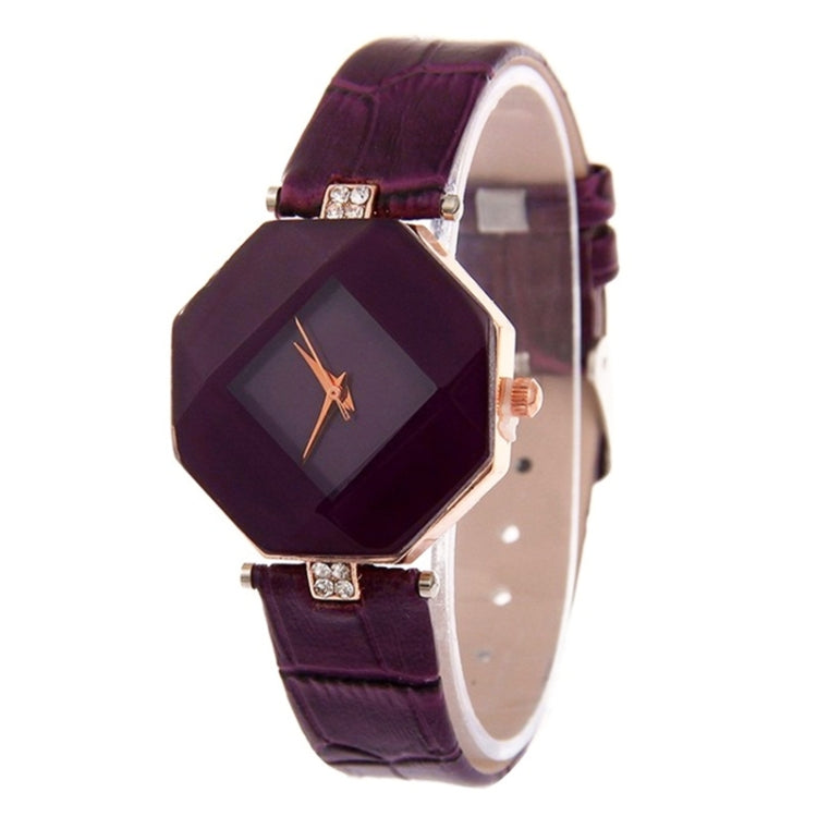 Gem Cut Geometry Crystal Leather Quartz Wristwatch Fashion Watch for Ladies