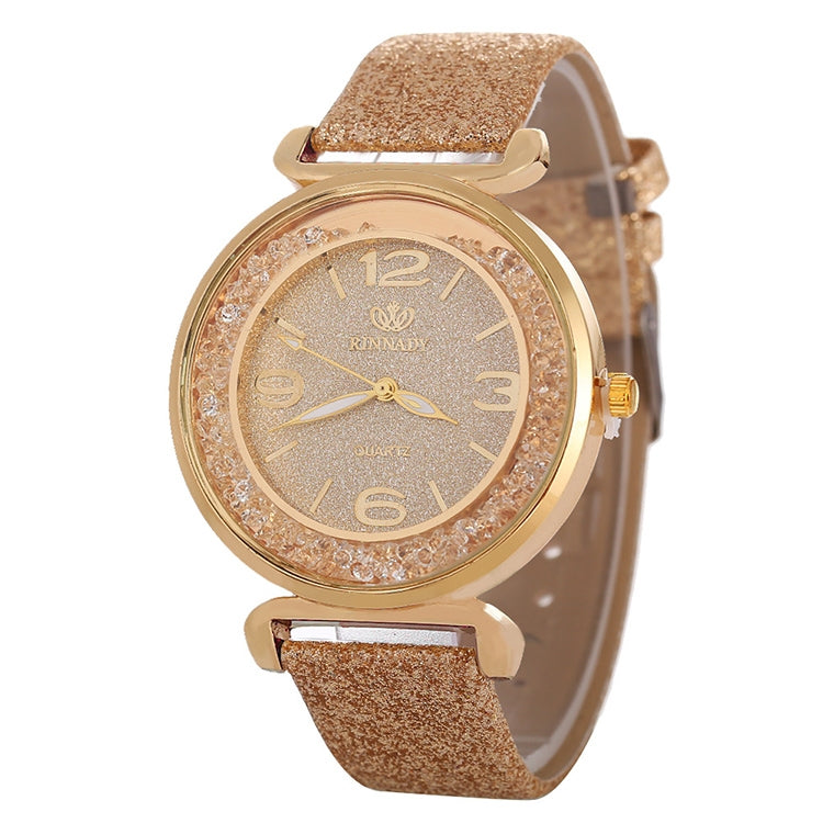 FULAIDA Women Rhinestone Gold Powder PU Leather Strap Quartz Watch