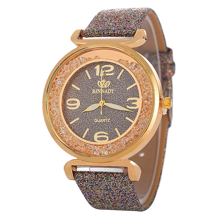 FULAIDA Women Rhinestone Gold Powder PU Leather Strap Quartz Watch
