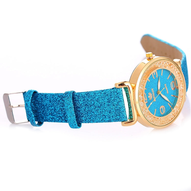 FULAIDA Women Rhinestone Gold Powder PU Leather Strap Quartz Watch