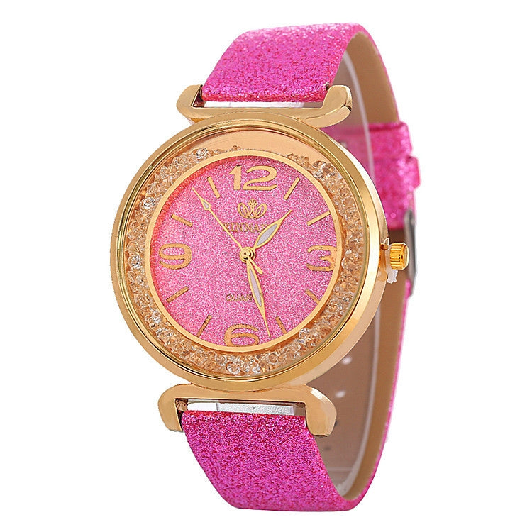 FULAIDA Women Rhinestone Gold Powder PU Leather Strap Quartz Watch