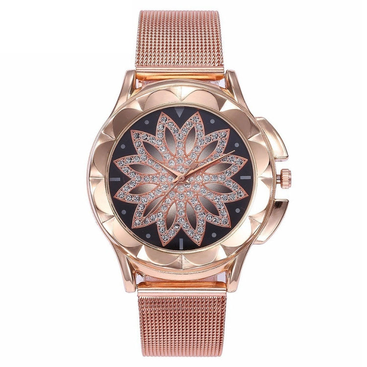 Smeeto Women Fashion Flower with Rhinestone Mesh Belt Alloy Bracelet Quartz Watch(rose gold)