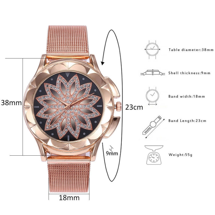 Smeeto Women Fashion Flower with Rhinestone Mesh Belt Alloy Bracelet Quartz Watch(rose gold)