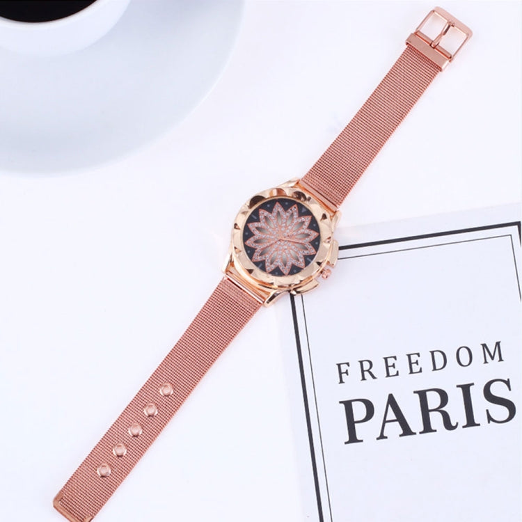 Smeeto Women Fashion Flower with Rhinestone Mesh Belt Alloy Bracelet Quartz Watch(rose gold)