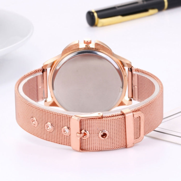 Smeeto Women Fashion Flower with Rhinestone Mesh Belt Alloy Bracelet Quartz Watch(rose gold)